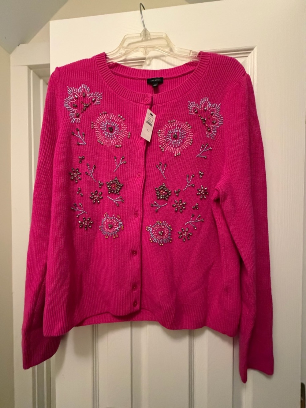 Talbots Hot Pink Beaded Floral Cardigan